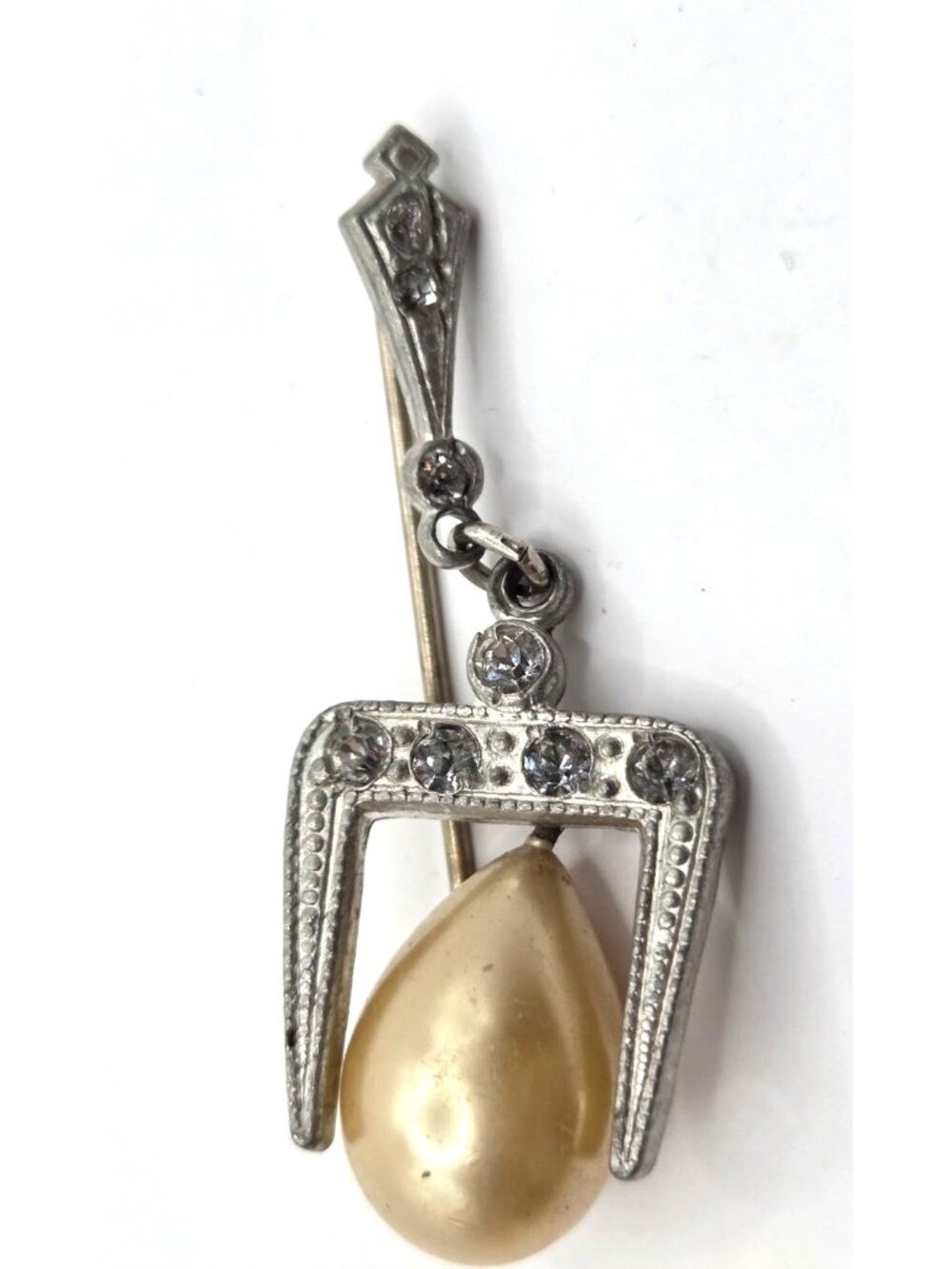Vintage Silver-Tone Drop Pin   With Faux Pearls & Rhinestones